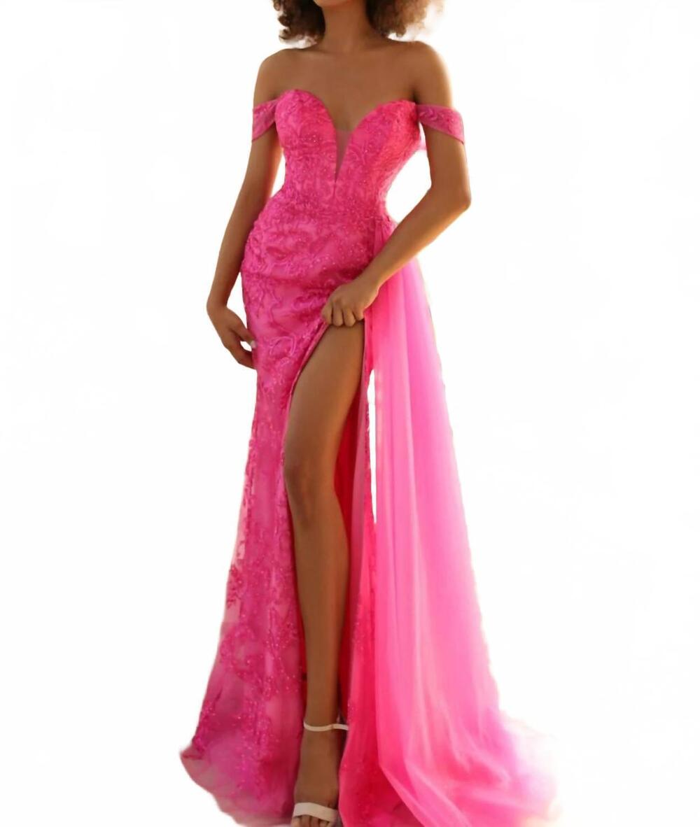 NEW CLARISSE lace high slit prom dress in fuchsia